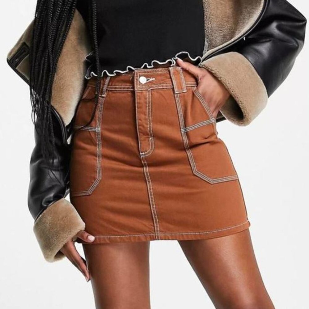 Topshop utility denim skirt, brown -- size 8